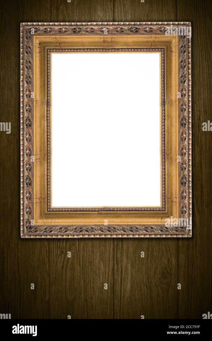 Old picture frame on vintage wood wall Stock Photo - Alamy
