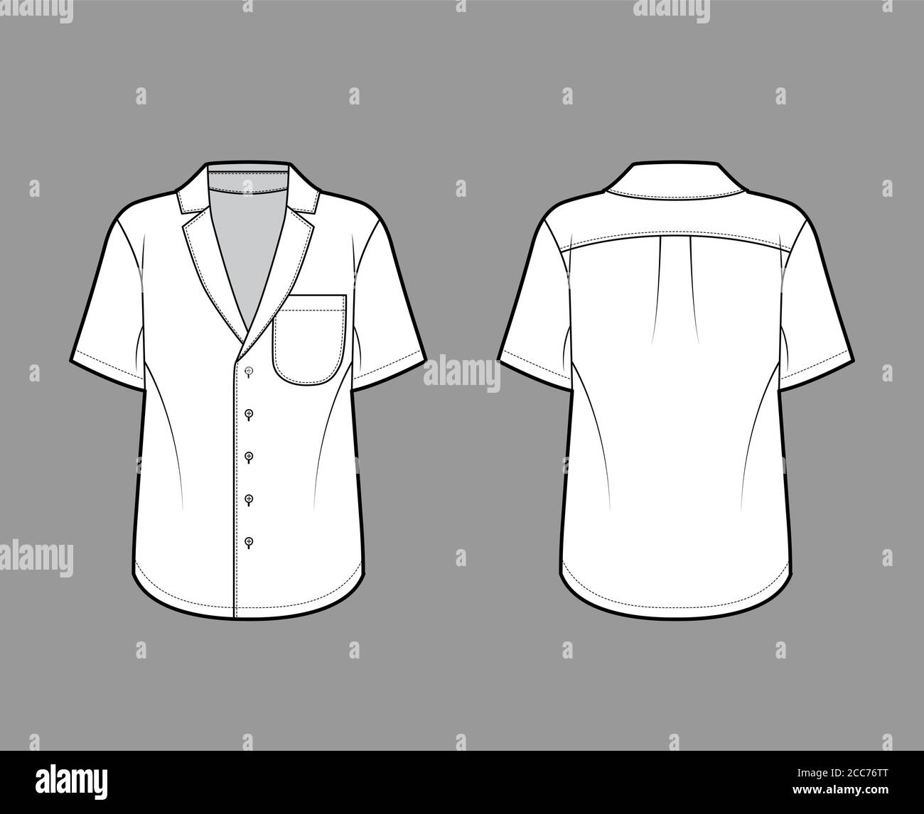 Shirt technical fashion illustration with loose silhouette, pointed