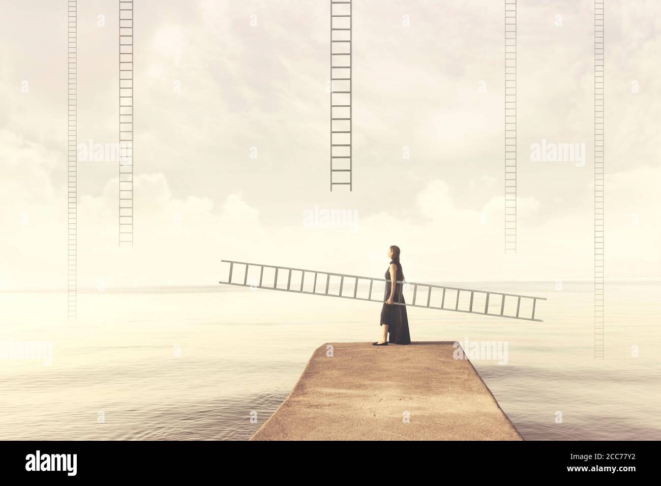 Woman carries her personal ladder to climb into the sky Stock Photo