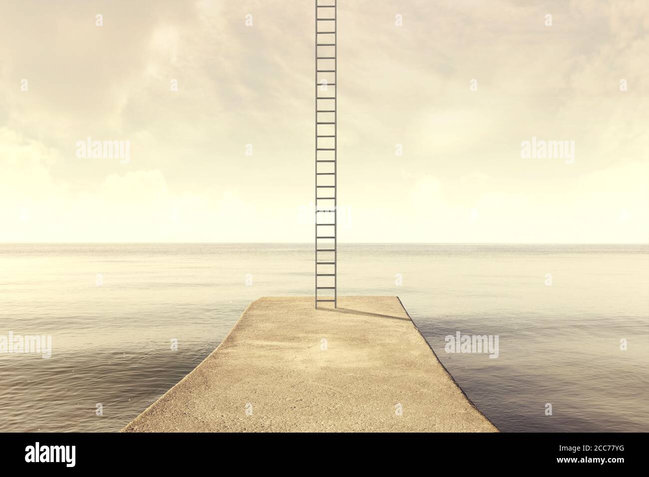 surreal ladder rises up into the sky in a silent sea landscape Stock Photo