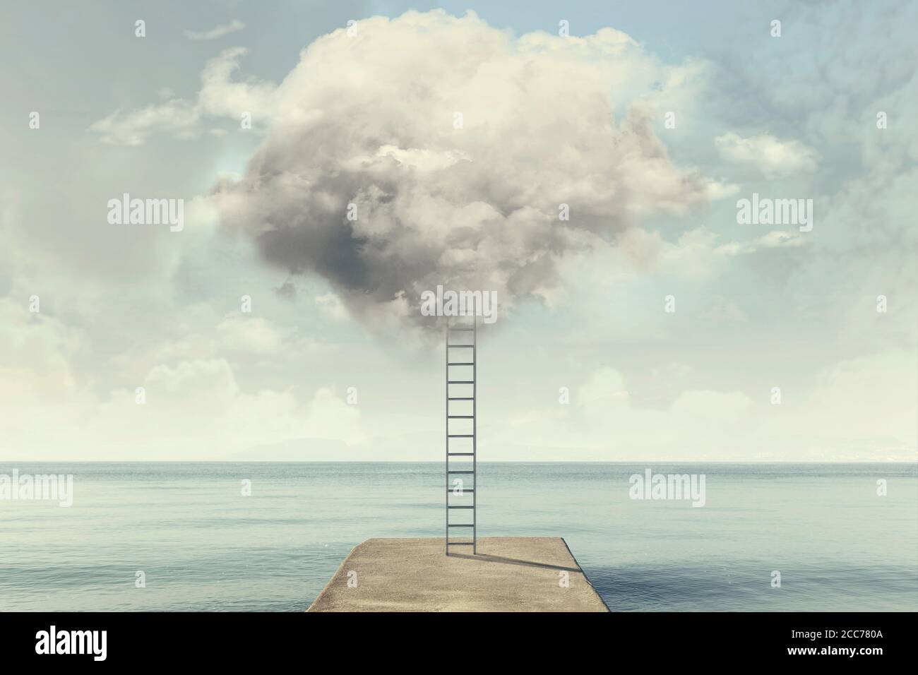 surreal ladder rises up into the cloud in a silent sea landscape Stock Photo