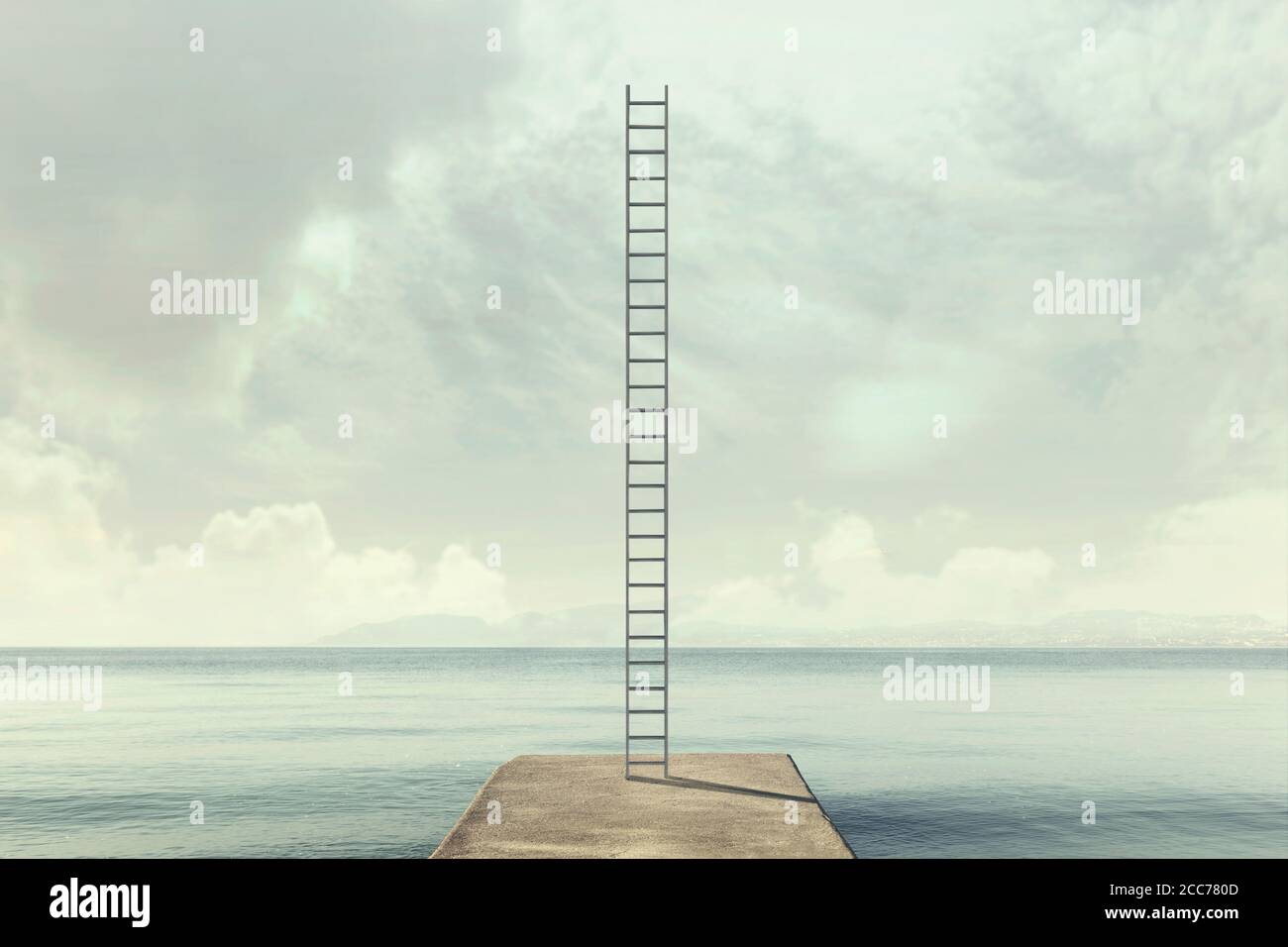 surreal ladder rises up into the sky in a silent sea landscape Stock Photo