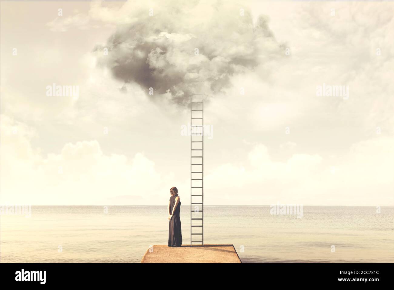 Indecisive woman does not know if climb up a ladder from the sky to a disenchanted destination Stock Photo