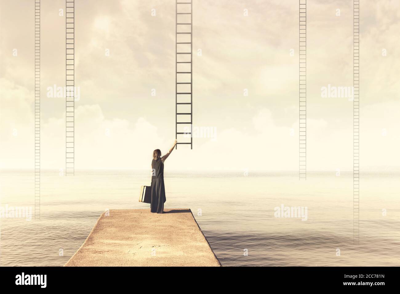 Woman chooses imaginary ladder from the sky to a disenchanted destination Stock Photo