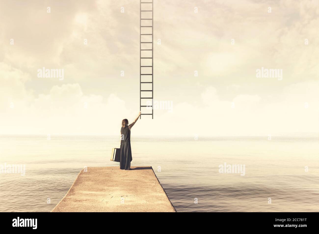 Woman takes up immaginary ladder from the sky to a disenchanted destination Stock Photo