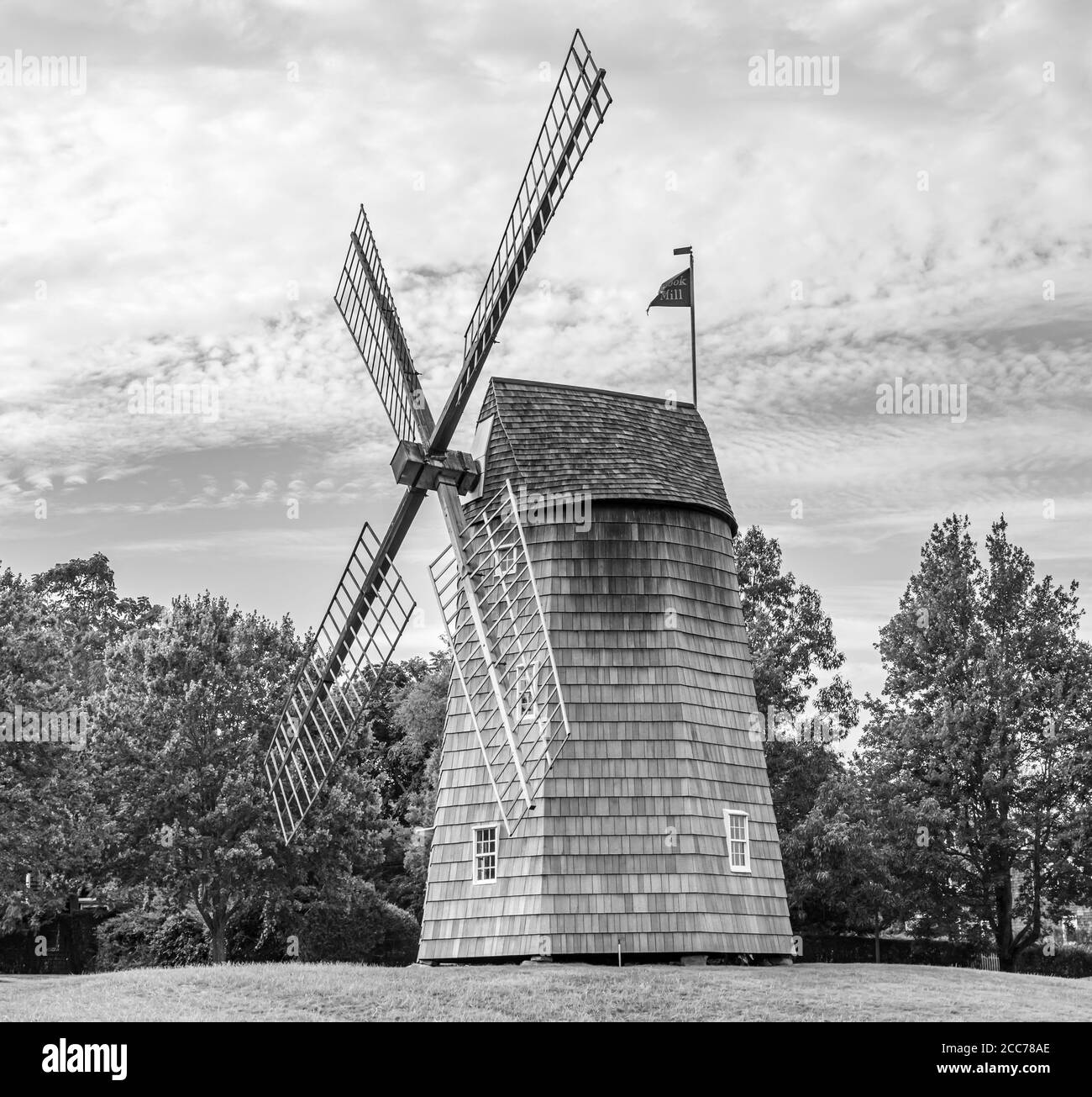 Black and white image of the Hook windmill in East Hampton, NY Stock Photo