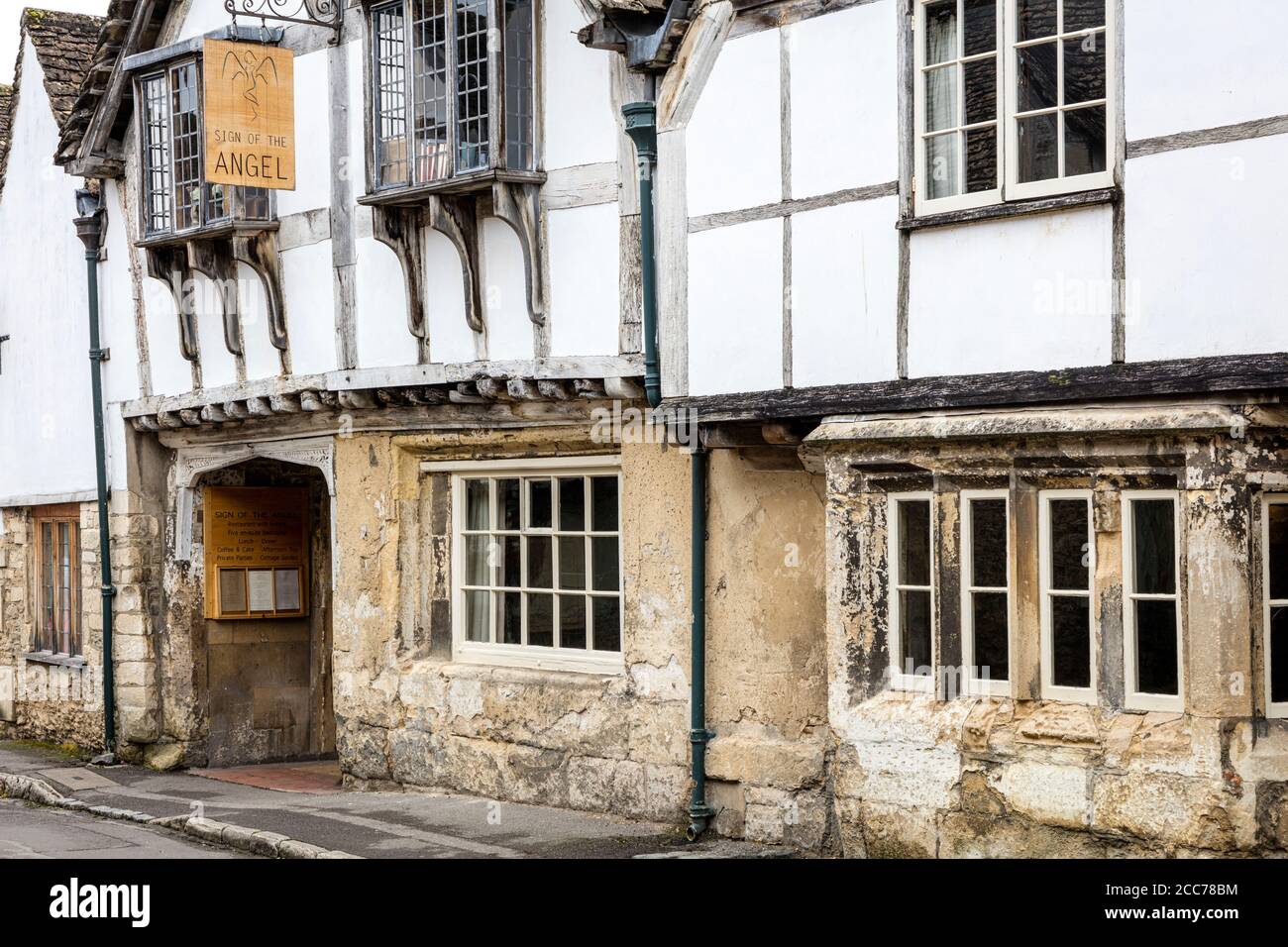 Front facade to Sign of the Angel - a 15th Century Coaching Inn, Lacock, Wiltshire, England, UK Stock Photo