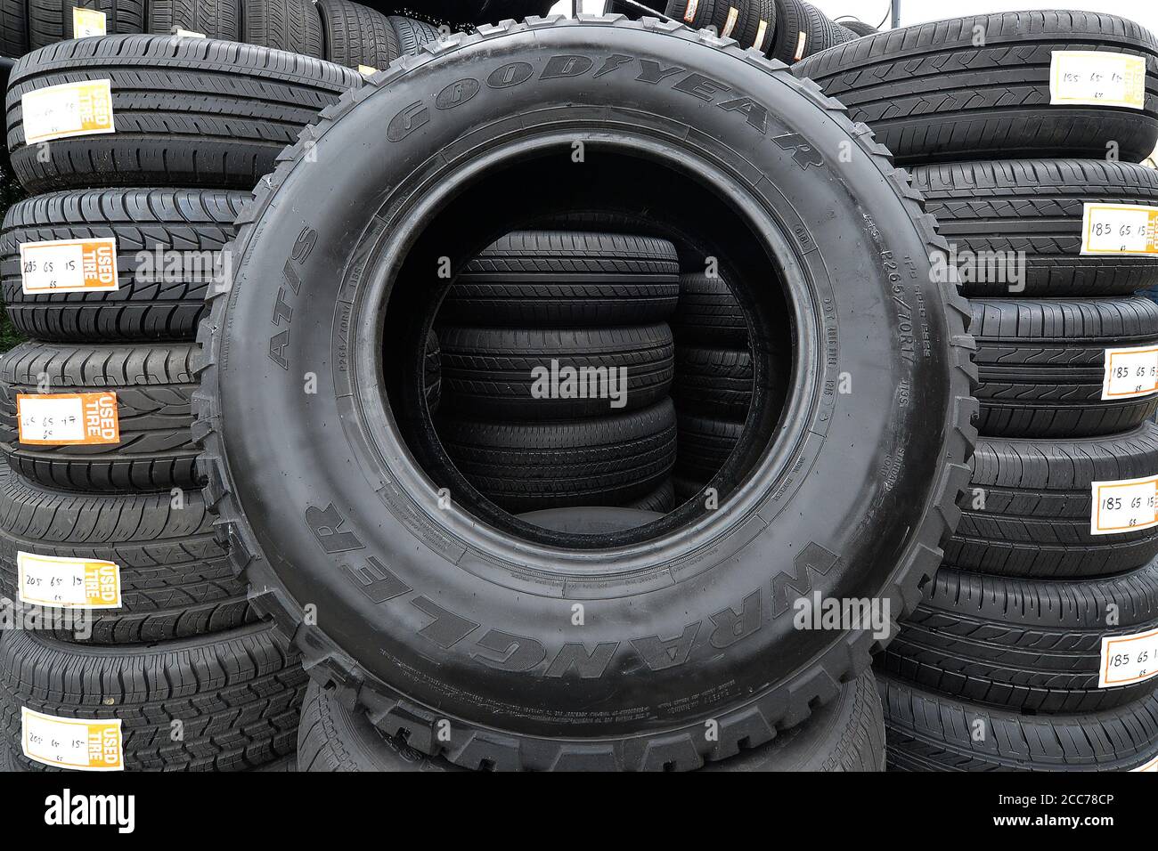 New York City, USA. 19th Aug, 2020. A Goodyear tire is on display outside a used tire shop in the New York City borough of Queens, in New York, NY, August 19, 2020. President Donald Trump called for a boycott of Goodyear tires after it was reported that the company has banned the wearing of any politically affiliated slogans, including “MAGA” hats. (Anthony Behar/Sipa USA) Credit: Sipa USA/Alamy Live News Stock Photo