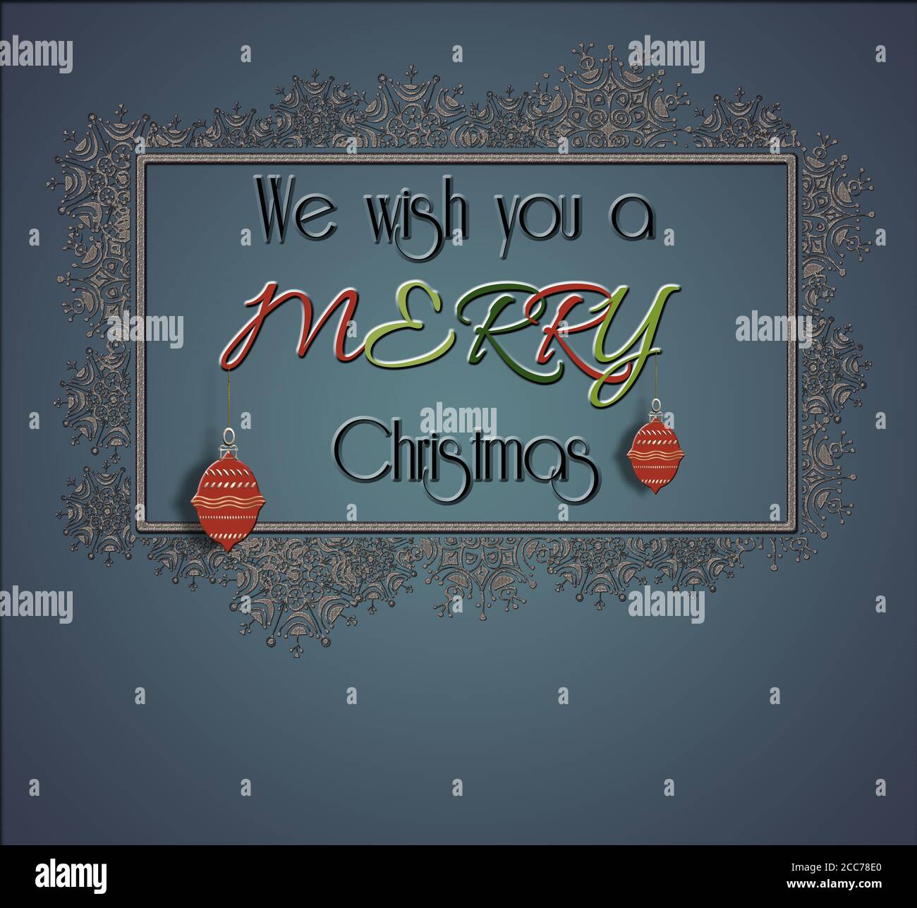 Elegant stylish Christmas card on blue background with text We Wish you a Merry  Christmas in