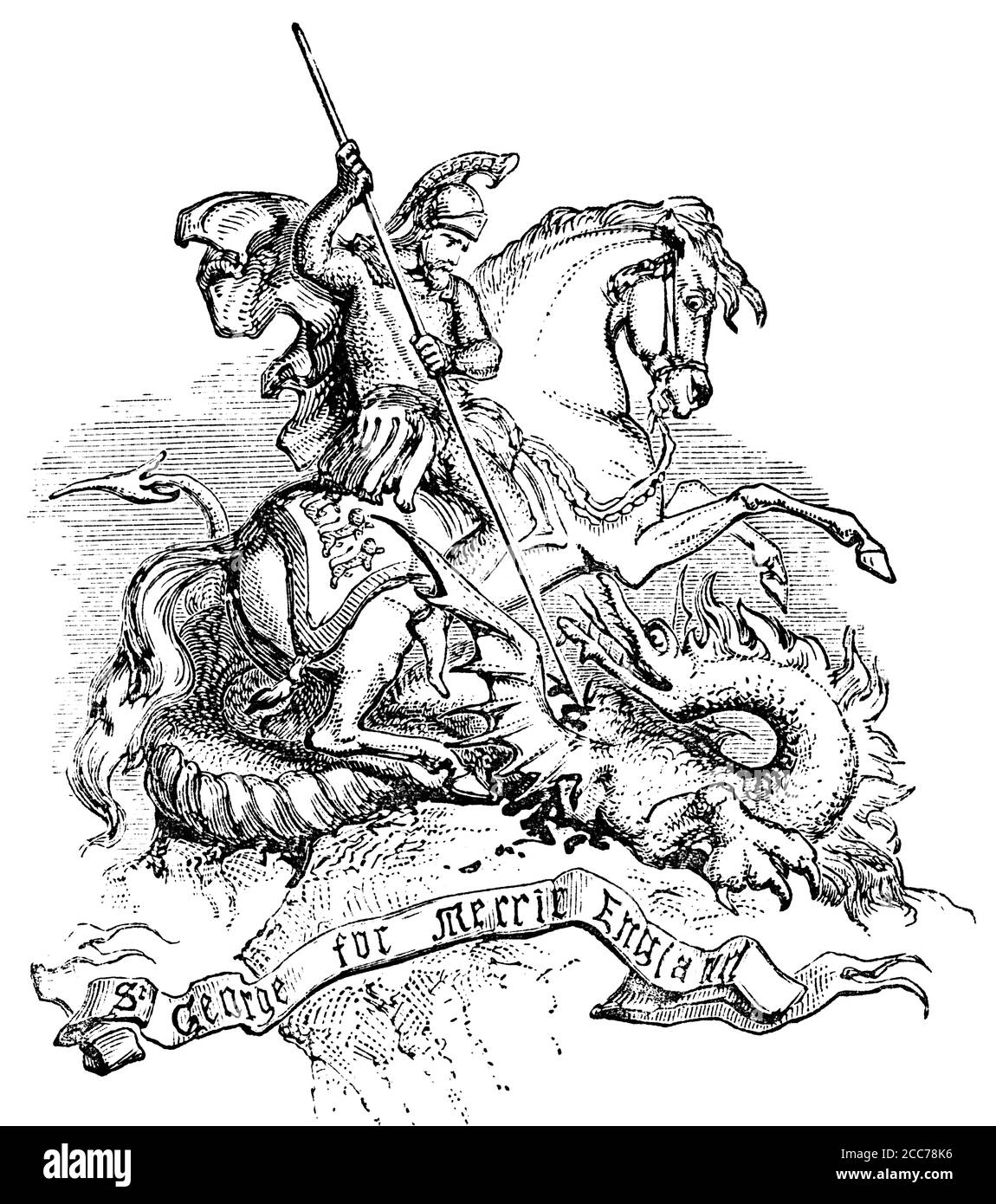 An engraved image of St George and the dragon from a Victorian book dated 1883 that is no longer in copyright stock image Stock Photo