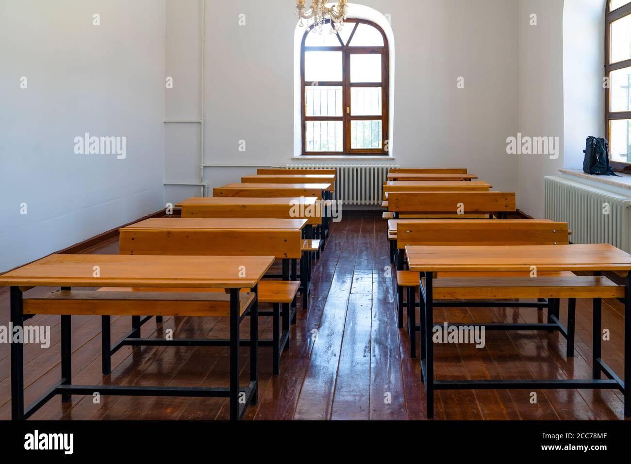Inside view of a classroom.  Empty classroom during coronavirus. Stock Photo