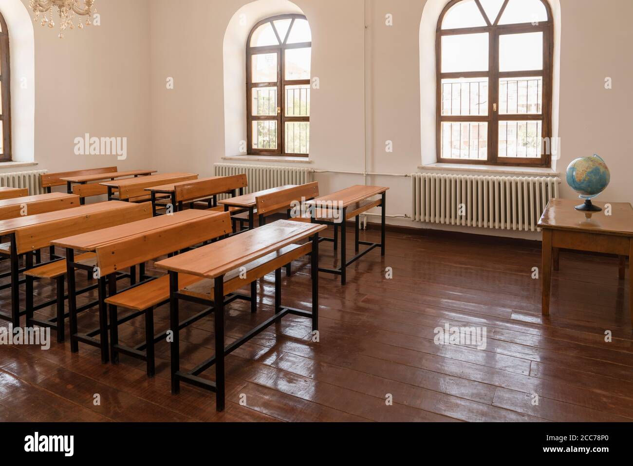 Inside view of a classroom.  Empty classroom during coronavirus. Stock Photo