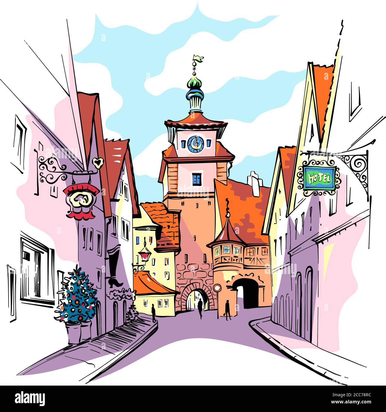 Vector color sketch of White tower or Weisser Turm in medieval old town of Rothenburg ob der Tauber, Bavaria Stock Vector