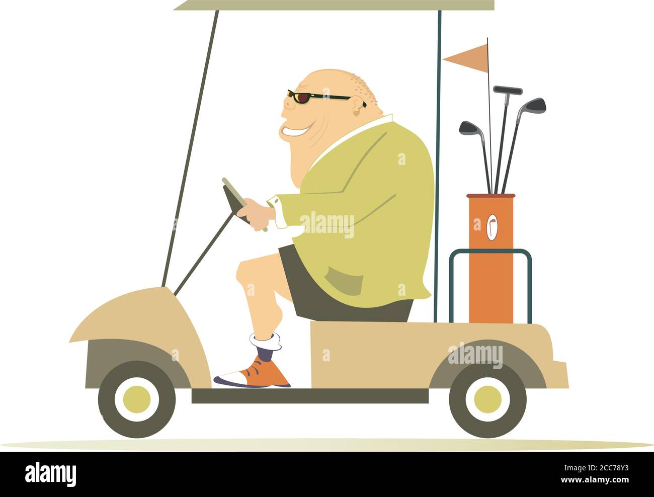 Comic golfer man in the golf cart illustration. Cartoon smiling fat bald-headed  man in sunglasses is going to play golf in the golf cart isolated on w  Stock Vector Image & Art -
