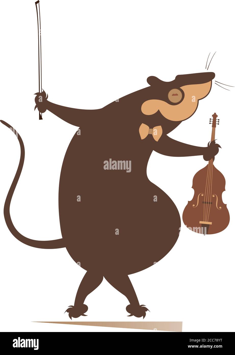 Cartoon rat or mouse violinist illustration. Funny rat or mouse with violin and fiddlestick isolated on white Stock Vector