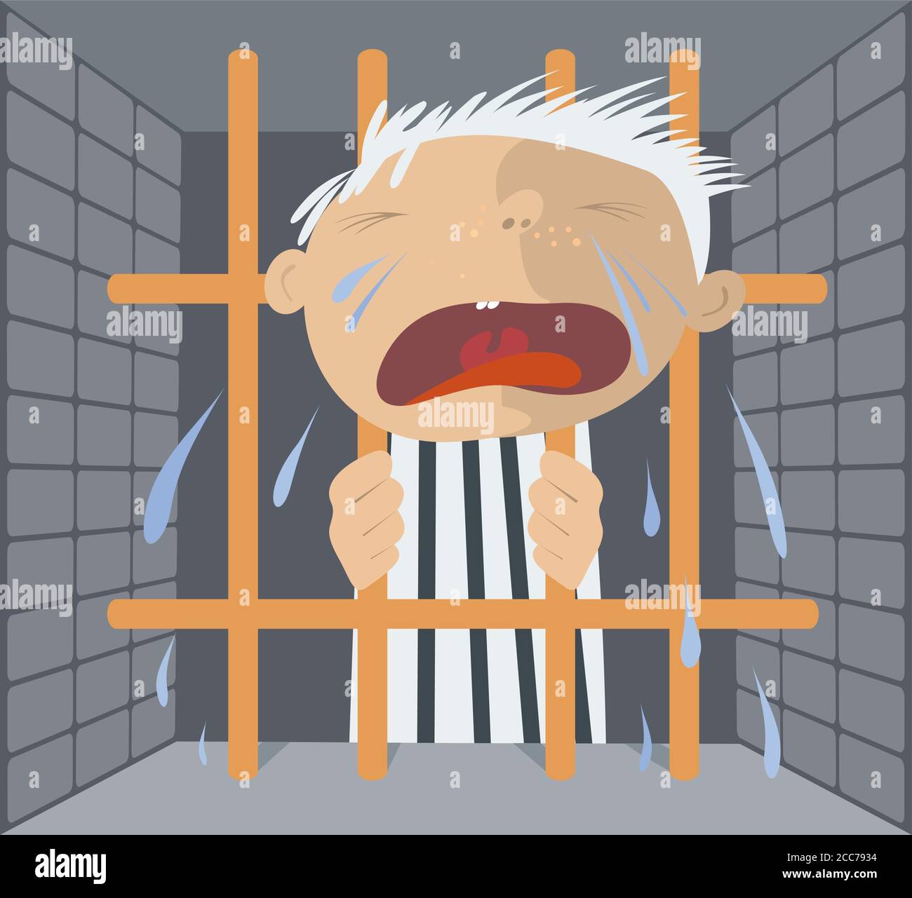 Crying prisoner stays behind the bars illustration. Fair-haired prisoner in striped clothing holds bars with hands and cries Stock Vector
