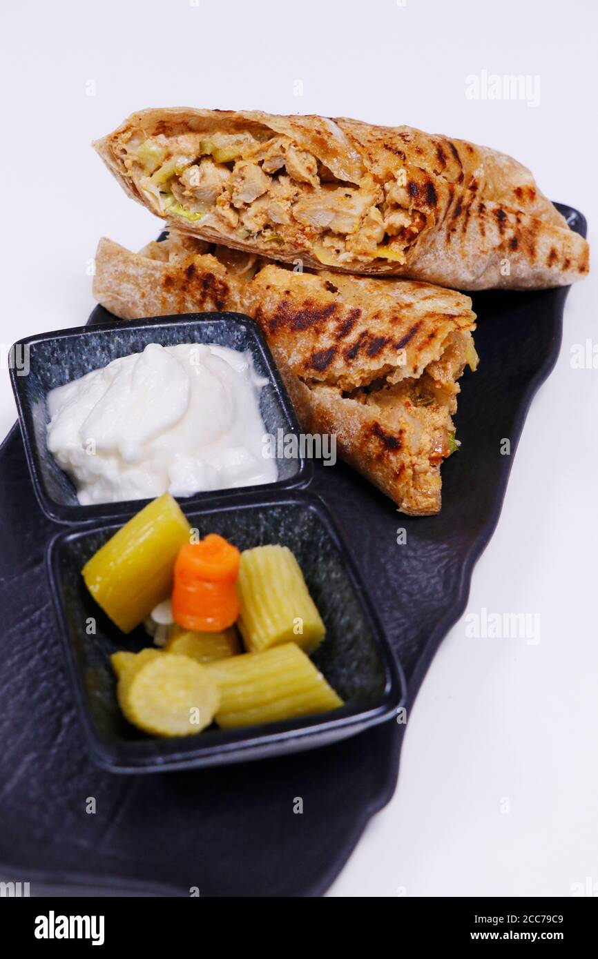 arabic food chicken shawarma with garlic sauce and pickle Stock Photo