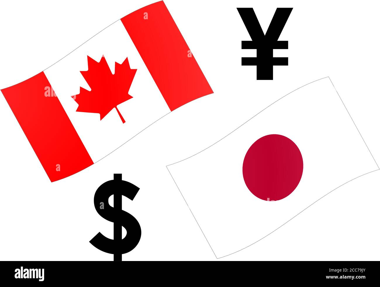 CADJPY forex currency pair vector illustration. Canadian and Japanese flag, with Dollar and Yen symbol. Stock Vector