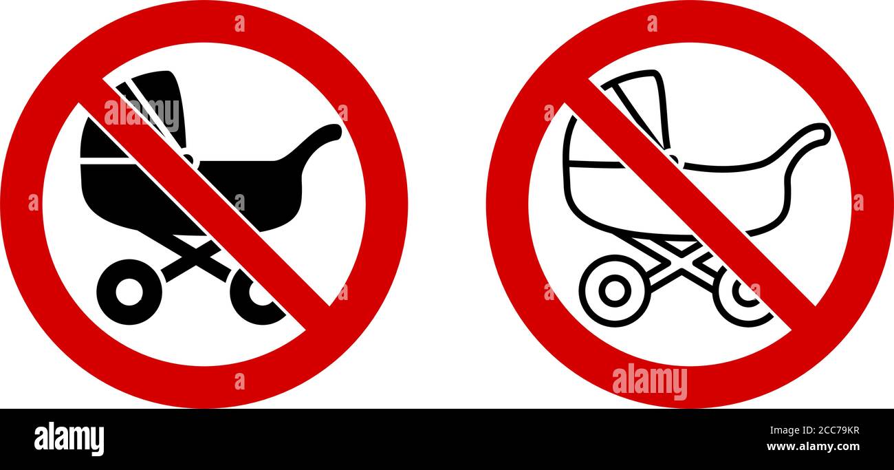 Baby carriage not allowed sign. Children stroller in red crossed circle Stock Vector