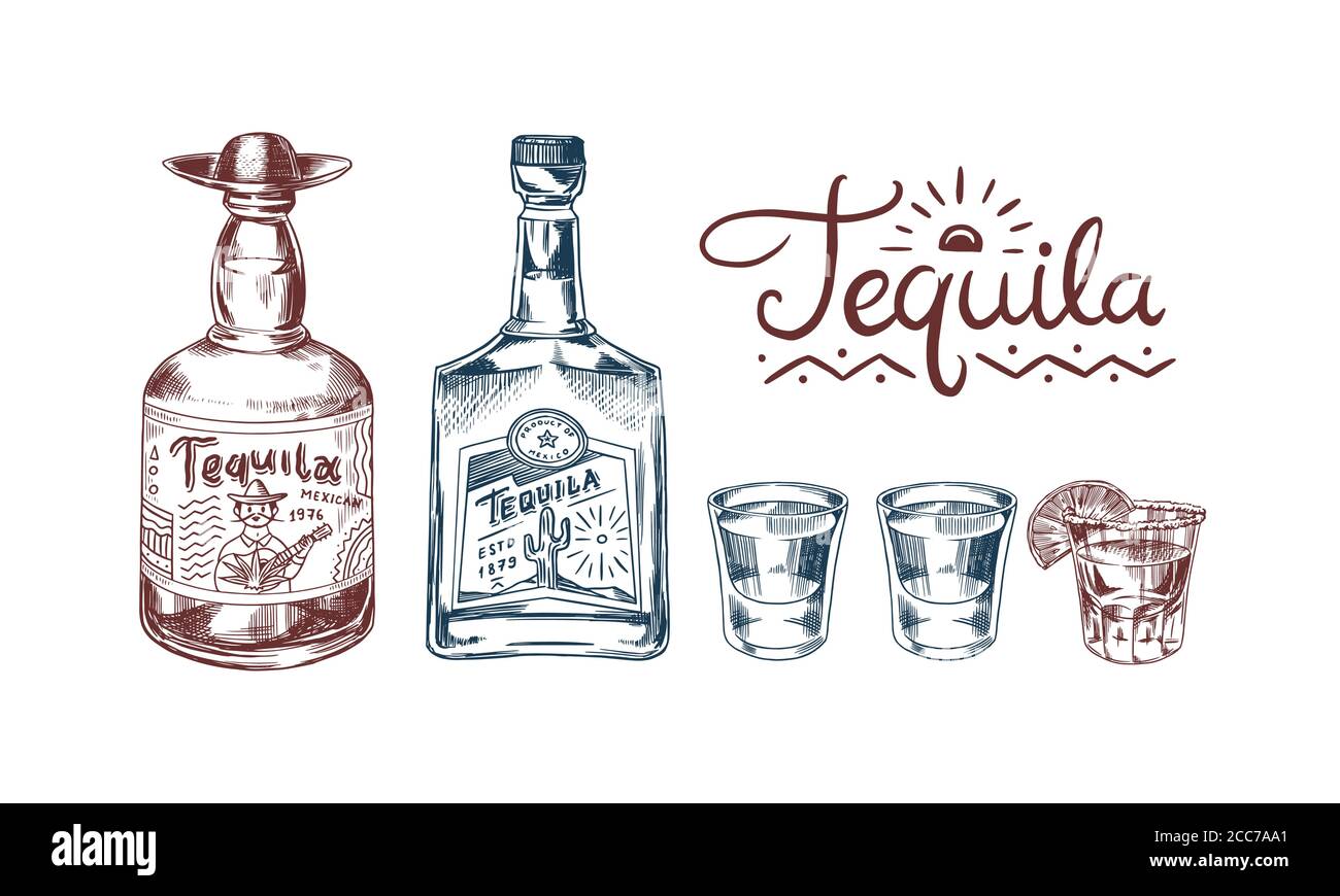 Bottle of tequila Glass shot with lime and label for retro poster or banner. Mexican drink. Engraved hand drawn vintage sketch. Woodcut Vector Stock Vector