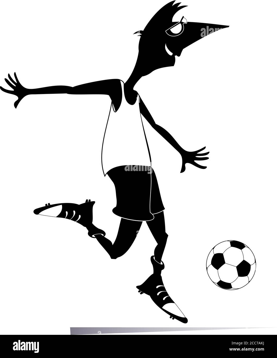 Smiling young man playing football illustration. Cartoon football player kicks a ball black on white Stock Vector