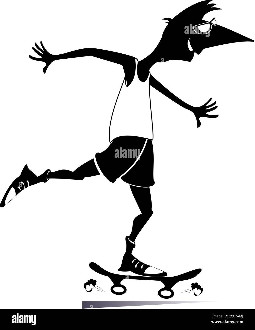 Man skateboarder isolated illustration. Cartoon teen boy scatting. Active life style idea black on white Stock Vector