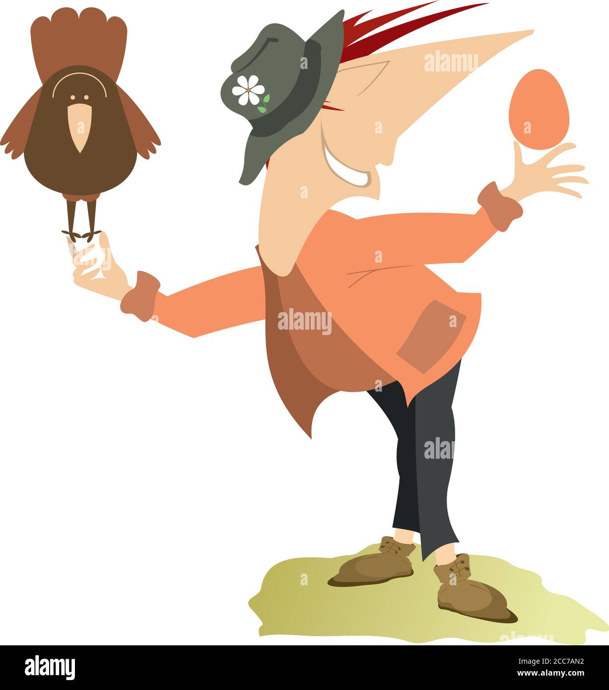 Cartoon man, chicken and egg  smiling man with a flower  in the hat holds a chicken in one hand and a big egg in another isolated on  Stock Vector Image &