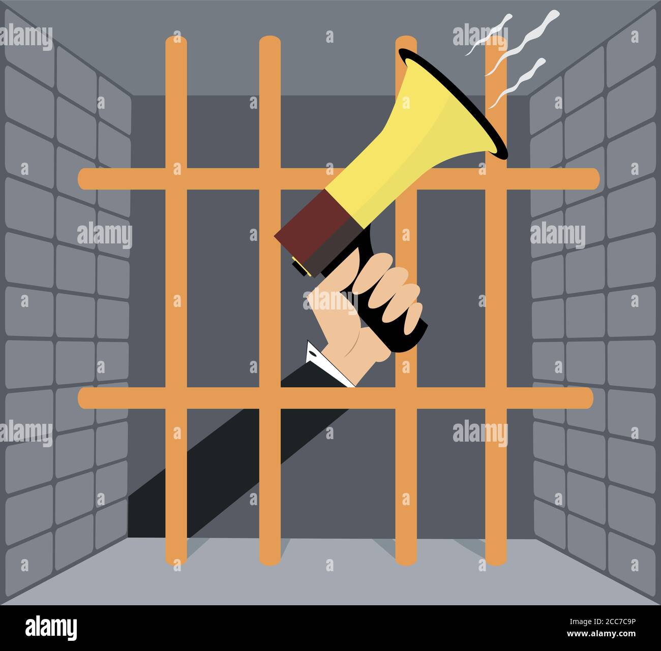 Hand with megaphone behind the bars illustration. Hand with megaphone behind the prison bars Stock Vector