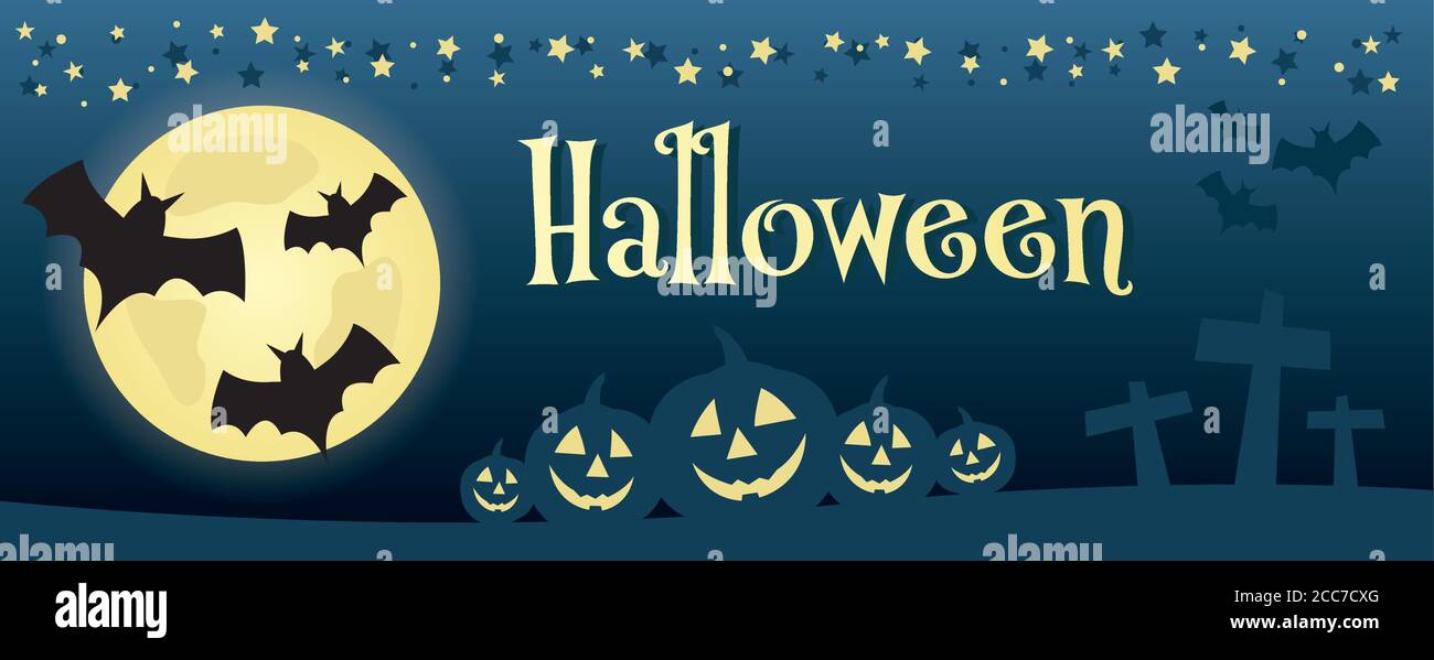 Halloween full moon scenic banner illustration design text outline Stock Vector