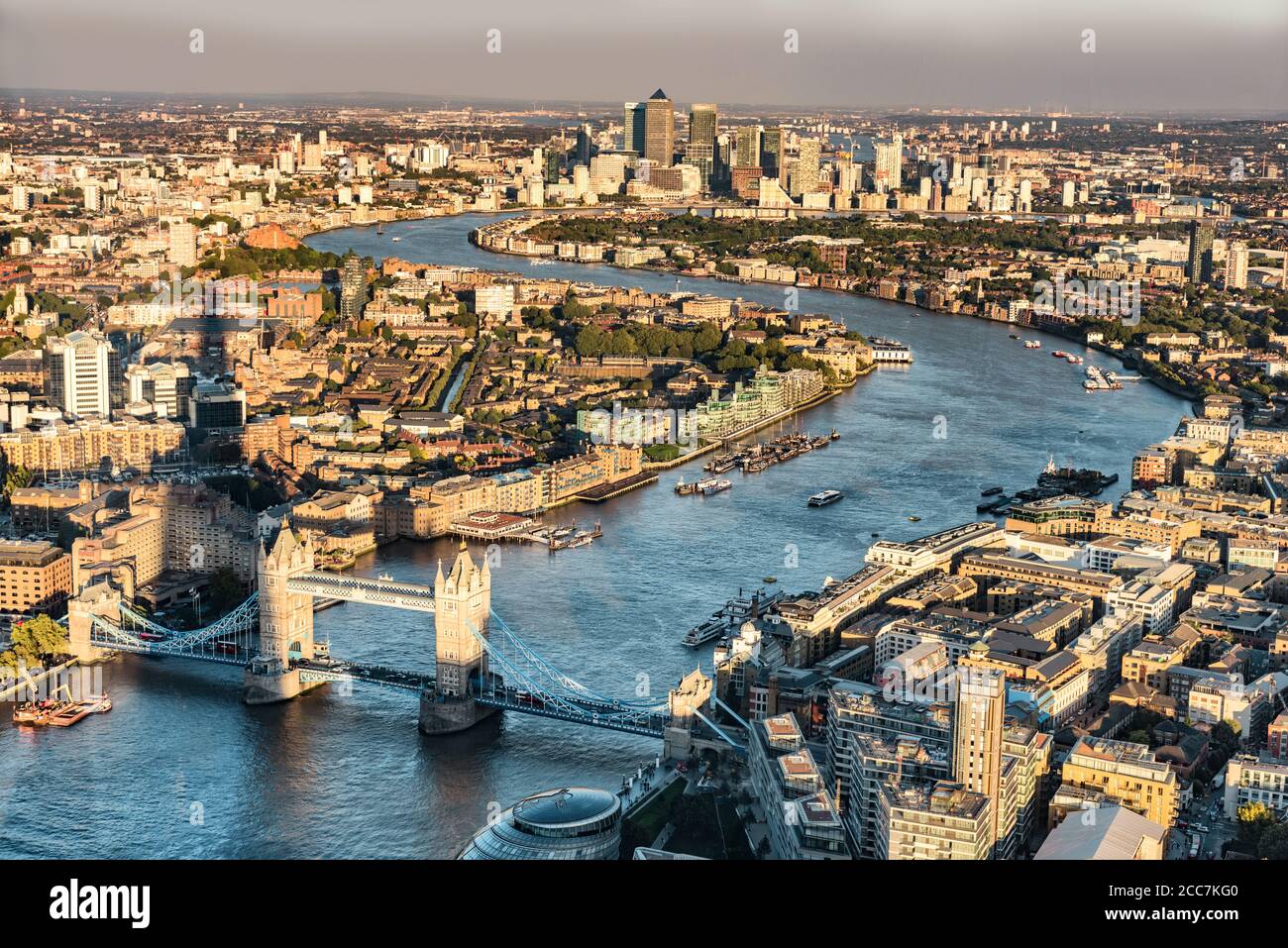 London city skyline aerial view at sunset with The Shard tower shadow, UK, Great Britain. Famous Europe travel destination. Tower bridge and Thames Stock Photo