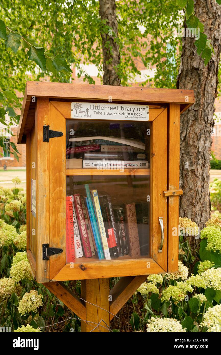 WINONA, MN/USA - AUGUST 9, 2020:Free lending library box sponsored by LittleFreeLibrary.com. Stock Photo