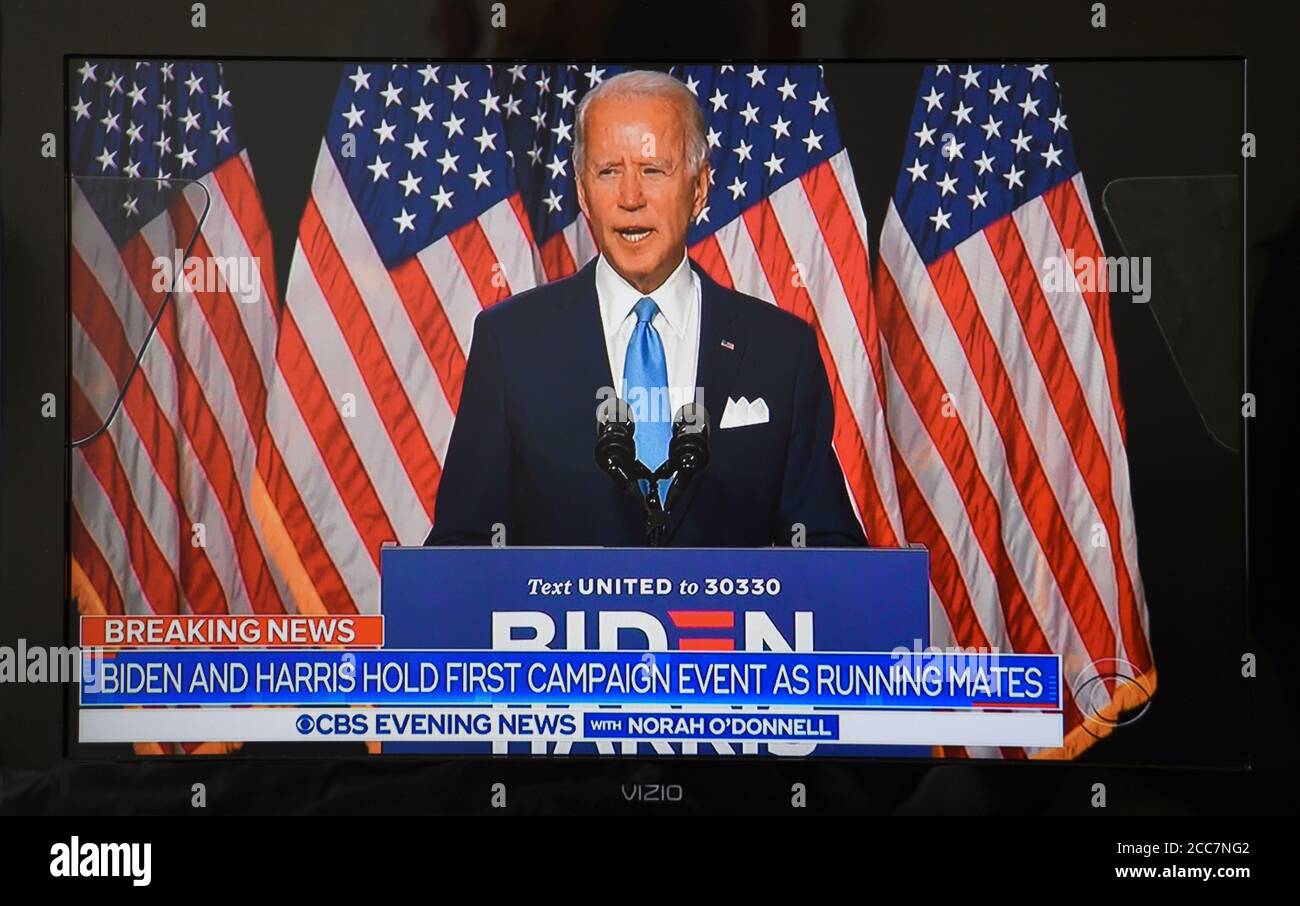 A television screen shot of CNN coverage of Joe Biden and Kamala Harris shortly after they began their joint 2020 election campaign. Stock Photo