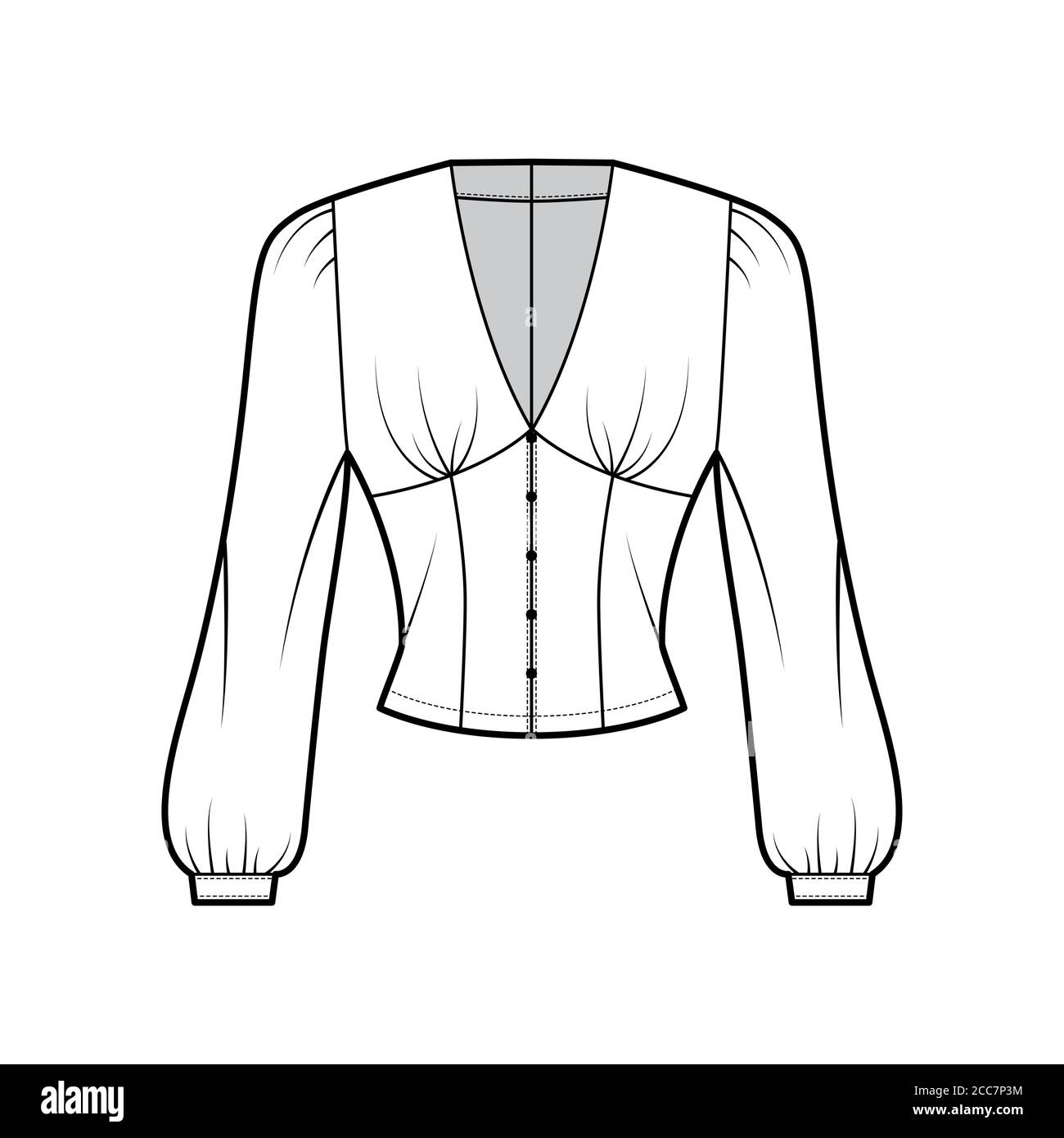 Blouse technical fashion illustration with long bishop sleeves, plunging V-neckline, puffed shoulders, slim fit. Flat shirt apparel template front, white color. Women, men unisex top CAD mockup Stock Vector