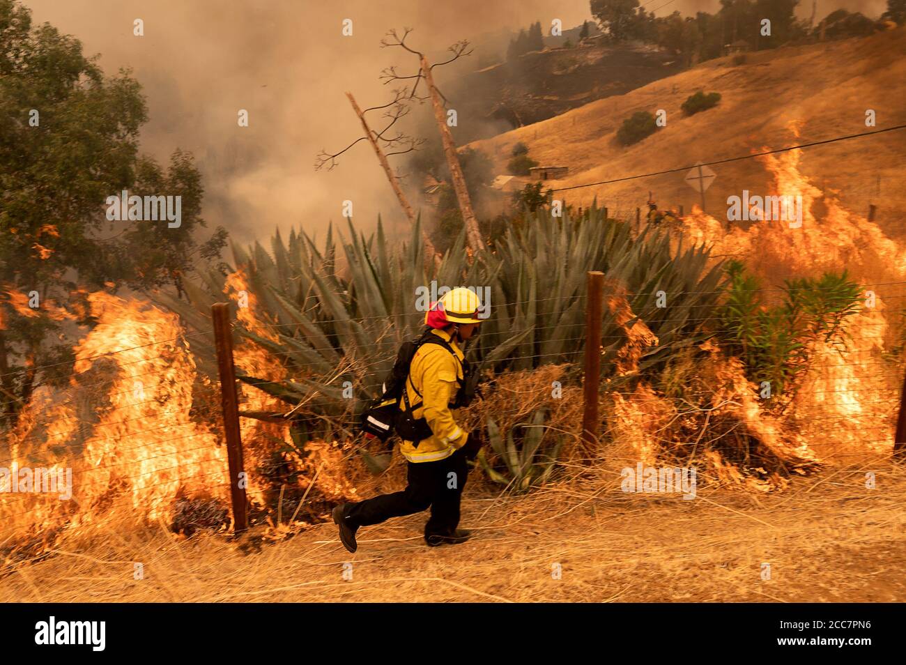 Vacaville, California, USA. 19th Aug, 2020. Huntington Beach fire department members battle the LNU Lightning Complex fires on Serenity Hills Road. It is a rapidly spreading wildfire that spread towards Vacaville early Wednesday, forcing urgent evacuations in parts of the city overnight. Credit: Paul Kitagaki Jr./ZUMA Wire/Alamy Live News Stock Photo