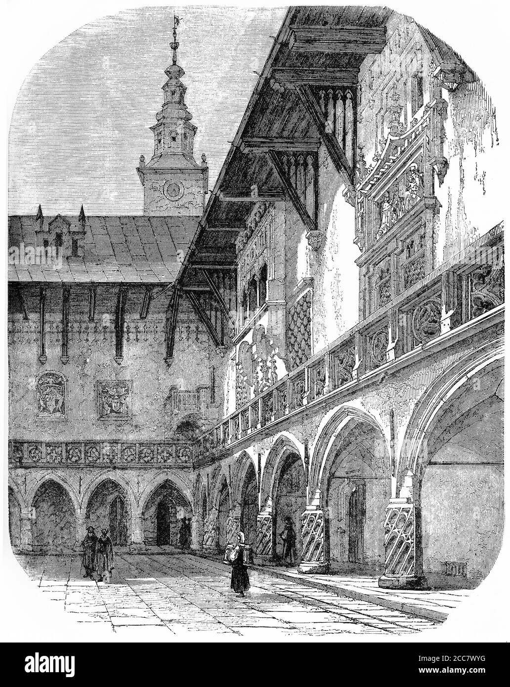 Engraving of a courtyard at the university of Cracow, circa 1570, illustration from 'The history of Protestantism' by James Aitken Wylie (1808-1890), pub. 1878 Stock Photo