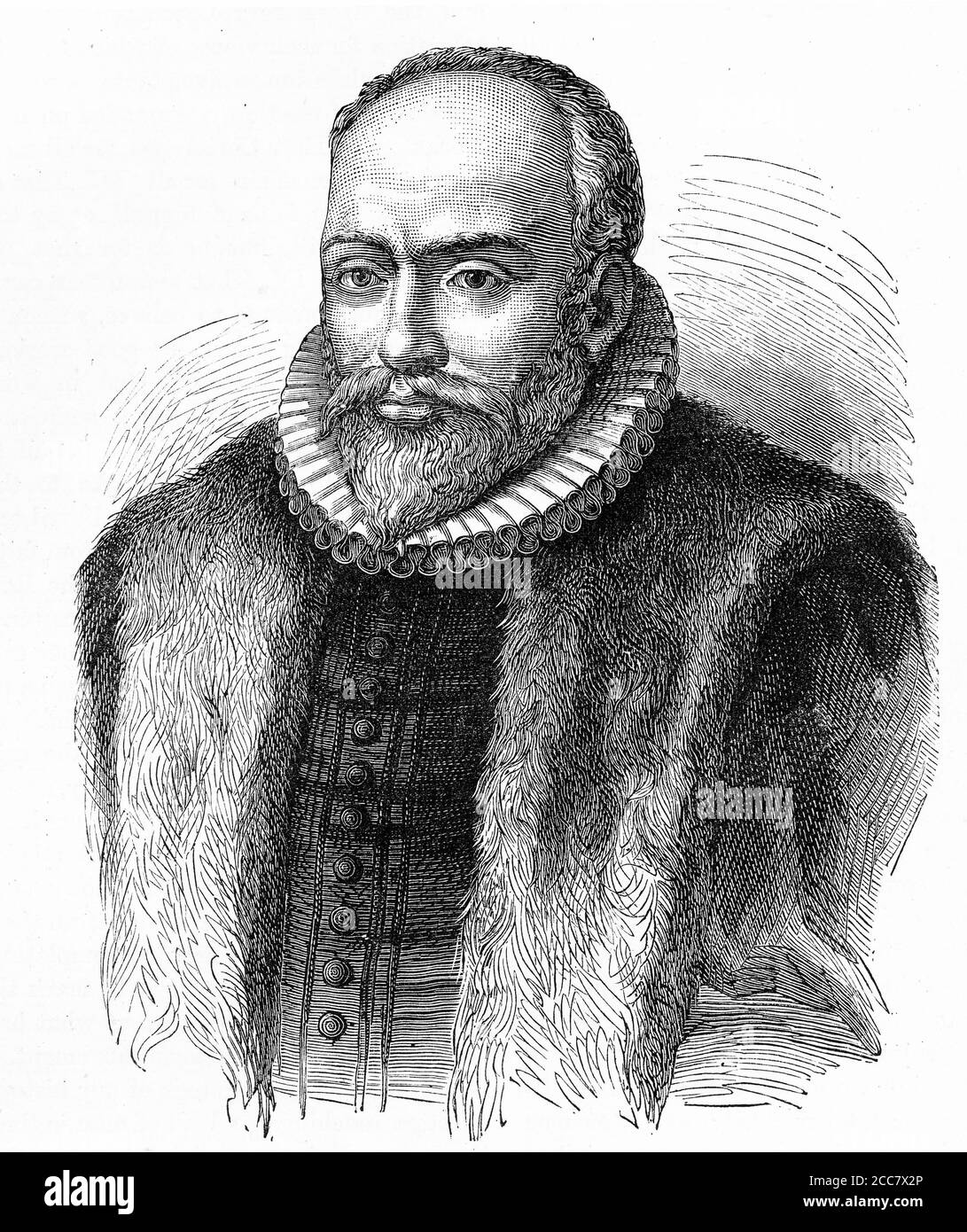 Engraving of Jacobus Arminius (1560 – 1609),  Dutch theologian from the Protestant Reformation whose views became the basis of Arminianism and the Dutch Remonstrant movement. He served from 1603 as professor in theology at the University of Leiden and wrote many books and treatises on theology, illustration from 'The history of Protestantism' by James Aitken Wylie (1808-1890), pub. 1878 Stock Photo
