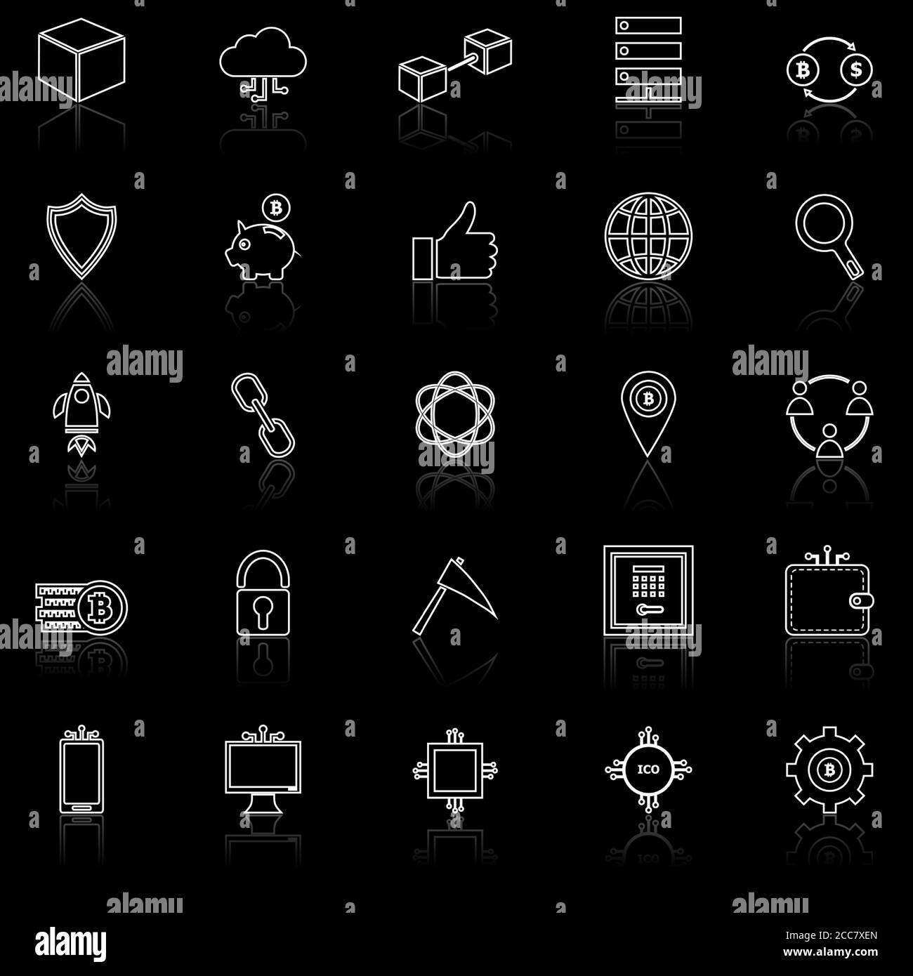 Blockchain line icons with reflect on black background, stock vector Stock Vector