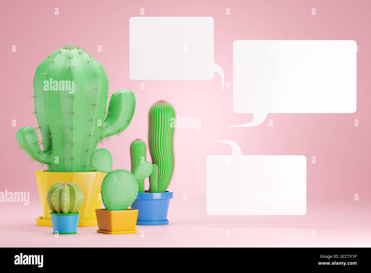 Four cactus plants are placed in a pink background on the left and have a white blank text box on the right. The concept of a group of people who love Stock Photo