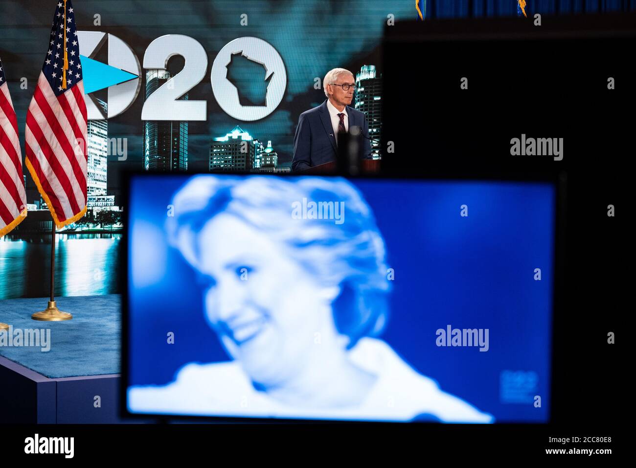 Washington, United States. 19th Aug, 2020. A video of former Senator Hillary Clinton is shown prior to Wisconsin Governor Tony Evers speaking at the Wisconsin Center during the third day of the Democratic National Convention on Wednesday, August 19, 2020 in Milwaukee, Wisconsin. Pool Photo by Stephen Voss/UPI Credit: UPI/Alamy Live News Stock Photo