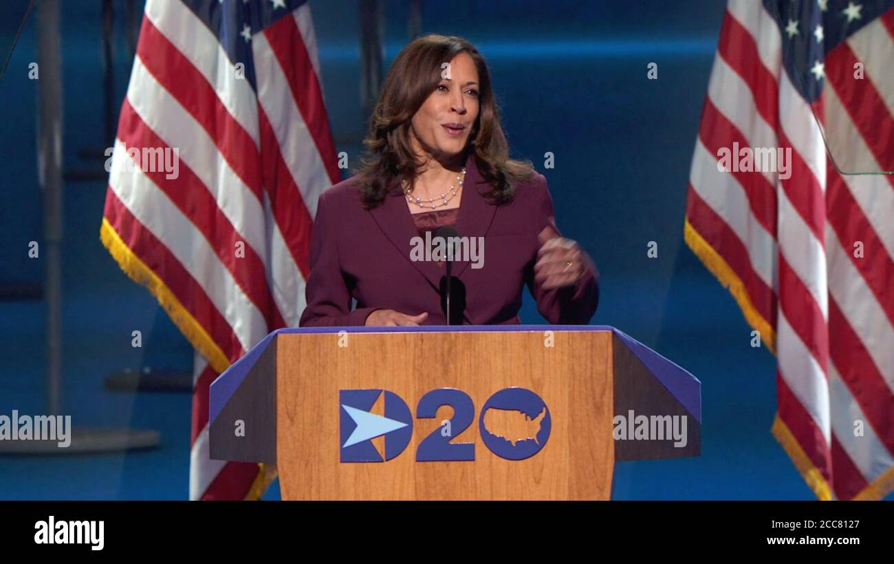Wilmington, United States Of America. 19th Aug, 2020. In this image from the Democratic National Convention video feed, United States Senator Kamala Harris (Democrat of California), the Democratic Party nominee for Vice President of the US, delivers her acceptance speech on the third night of the convention on Monday, August 17, 2020.Credit: Democratic National Convention via CNP Photo via Credit: Newscom/Alamy Live News Stock Photo