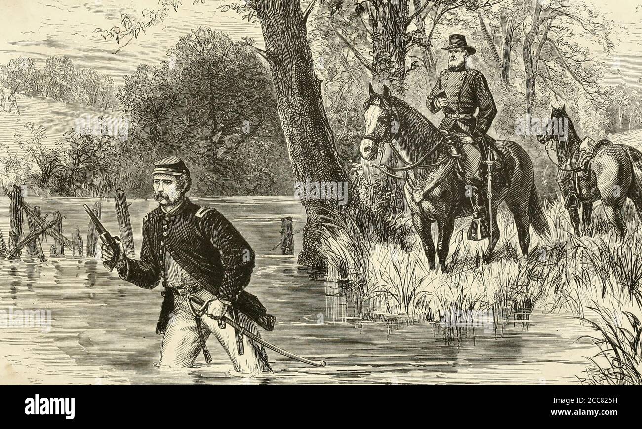 George Armstrong Custer wading the Chickahominy River during the American Civil War Stock Photo