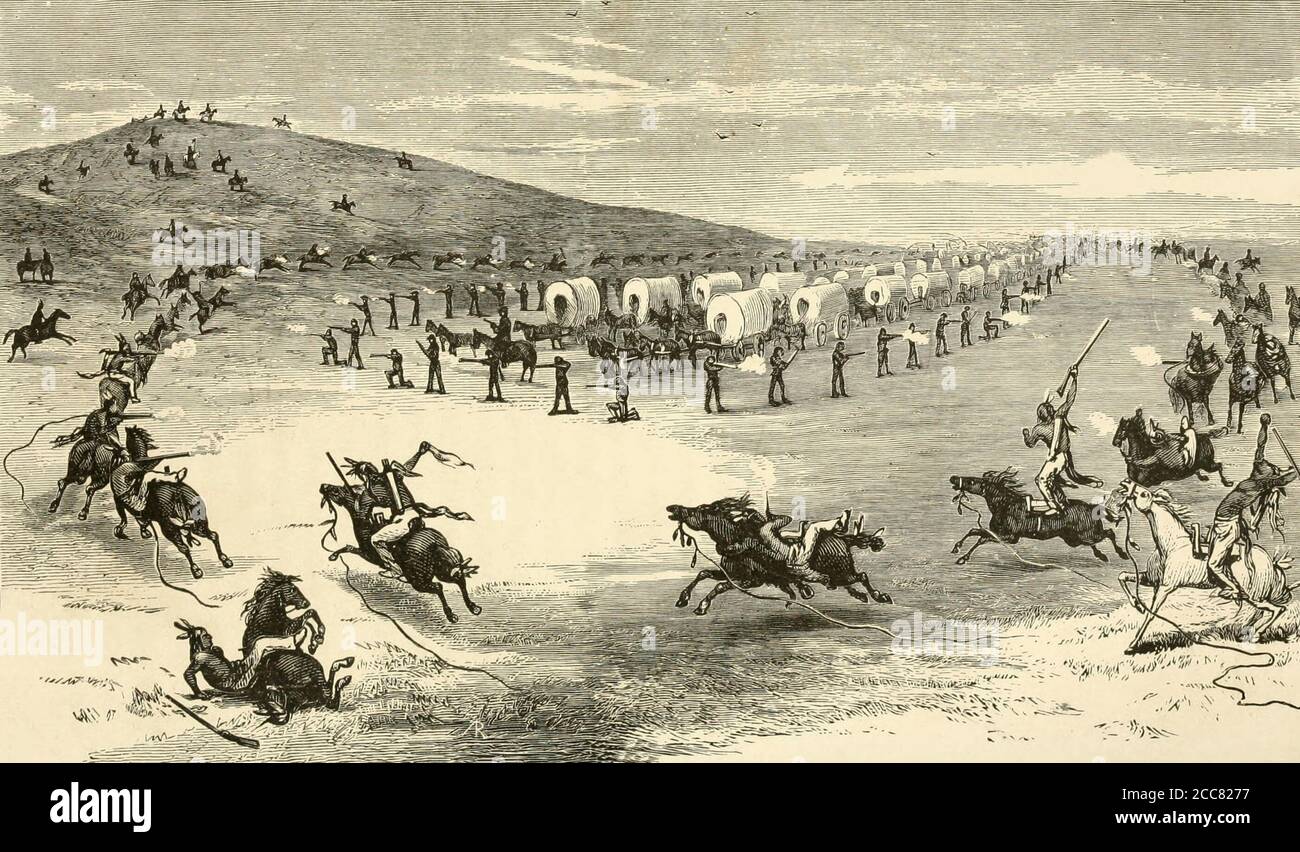 Indian attack on a wagon train Stock Photo