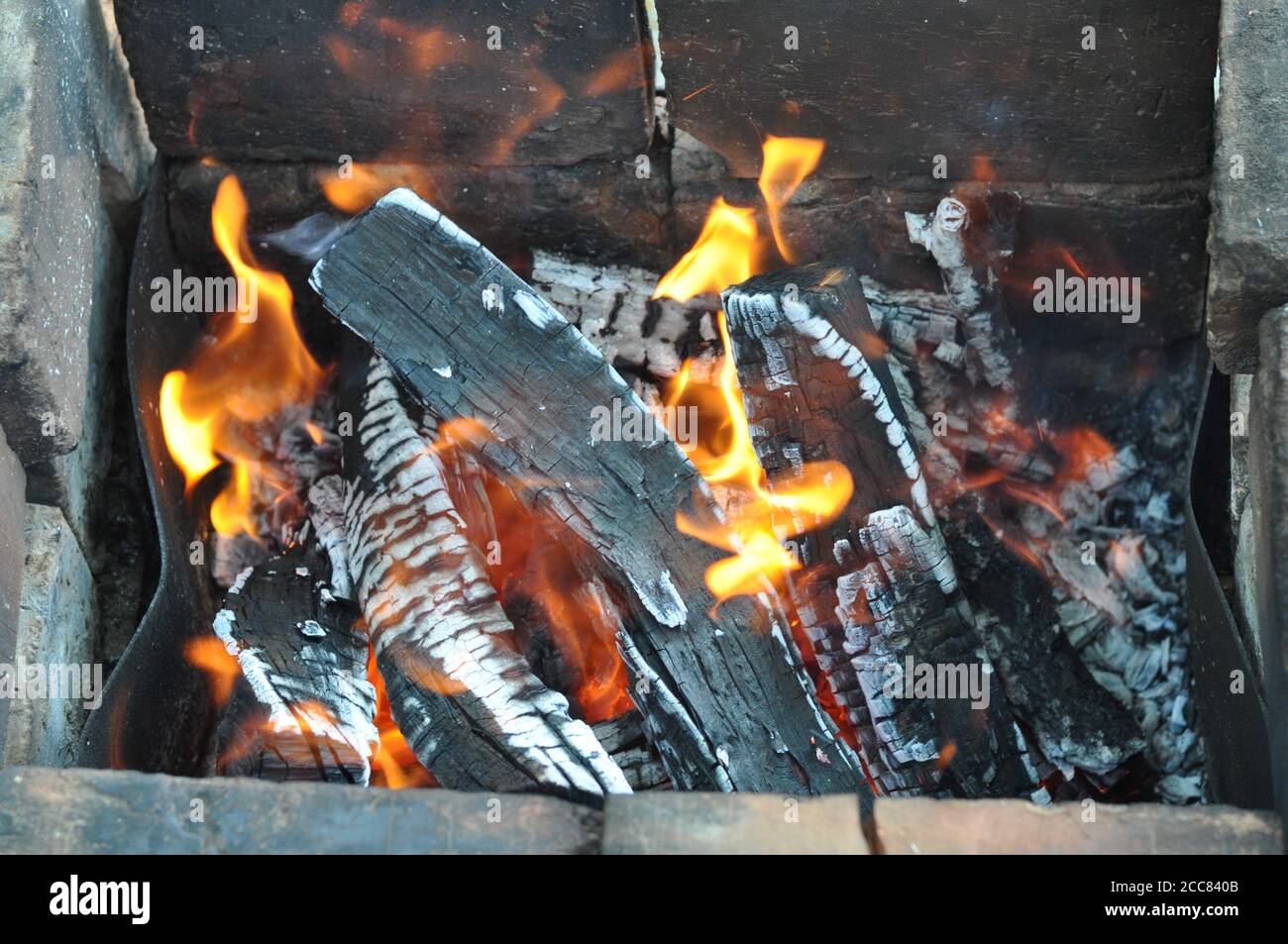 Smoldering firewood with cracked surface covered by white ashes
