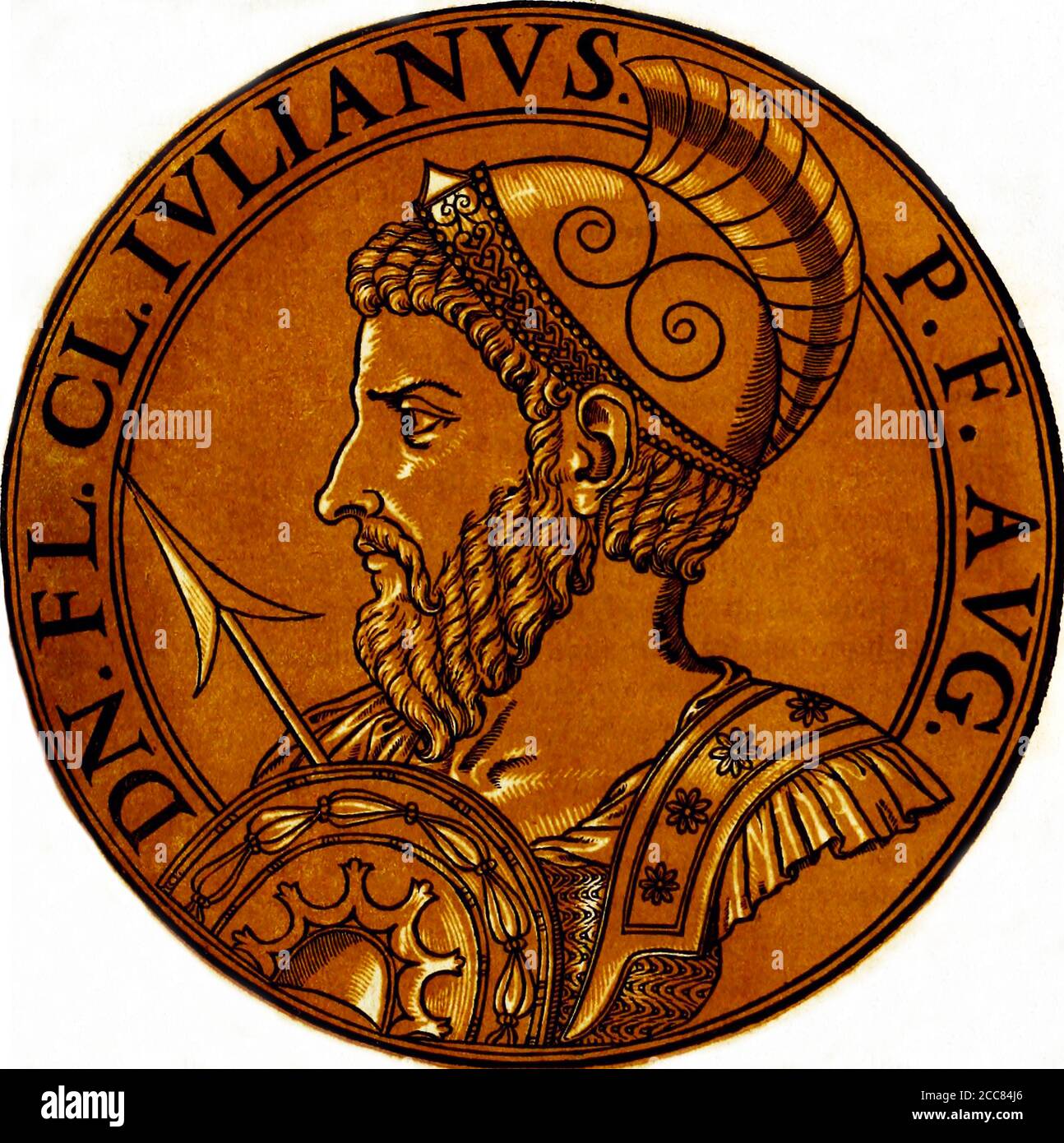 Italy: Julian the Apostate (331-363), 63rd Roman emperor, from the book Icones imperatorvm romanorvm (Icons of Roman Emperors), Antwerp, c. 1645. Julian was a member of the Constantinian Dynasty and cousin to Emperor Constantius II. Emperor Constantius II made him Caesar of the western provinces in 355 while he was busy fighting the Sassanid Empire in the east, entrusting Julian against the Alamanni and Franks. Julian was proclaimed emperor by his soldiers in 360. Stock Photo