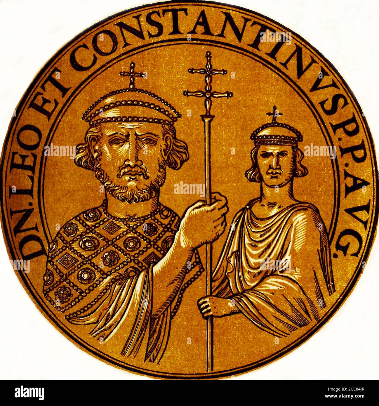 Turkey / Byzantium: Leo III (685-741) and Constantine V (718-775), Byzantine emperors, from the book Icones imperatorvm romanorvm (Icons of Roman Emperors), Antwerp, c. 1645. Leo III served under Emperor Justinian II when the emperor was attempting to reclaim his throne. After Justinian's victory, Leo was sent to fight against the Umayyad Caliphate, and was appointed as overall commander by Emperor Anastasius II. Leo became ambitious, and he conspired to overthrow the new Emperor Theodosius III. Entering Constantinople in 717 he forced Theodosius to abdicate. He was succeeded by his son and he Stock Photo