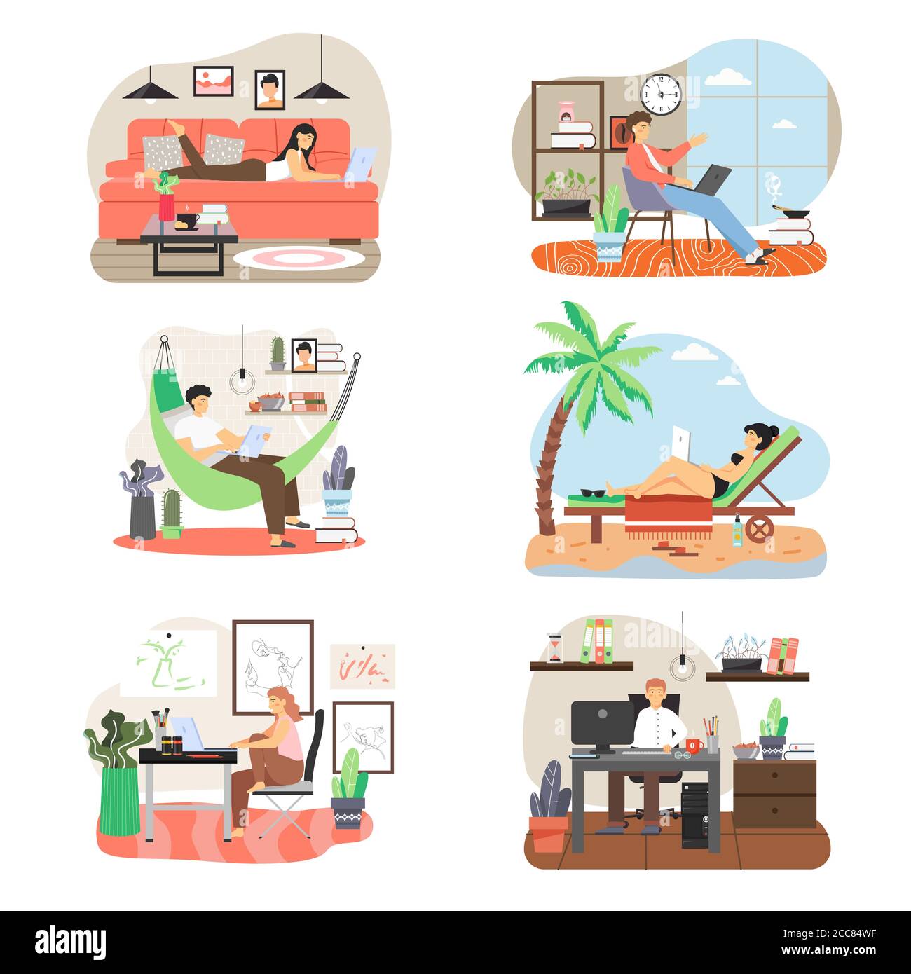 Freelance people working on computer from home office, beach, cartoon  character set, flat vector isolated illustration Stock Vector Image \u0026 Art -  Alamy, image size:1300x1390