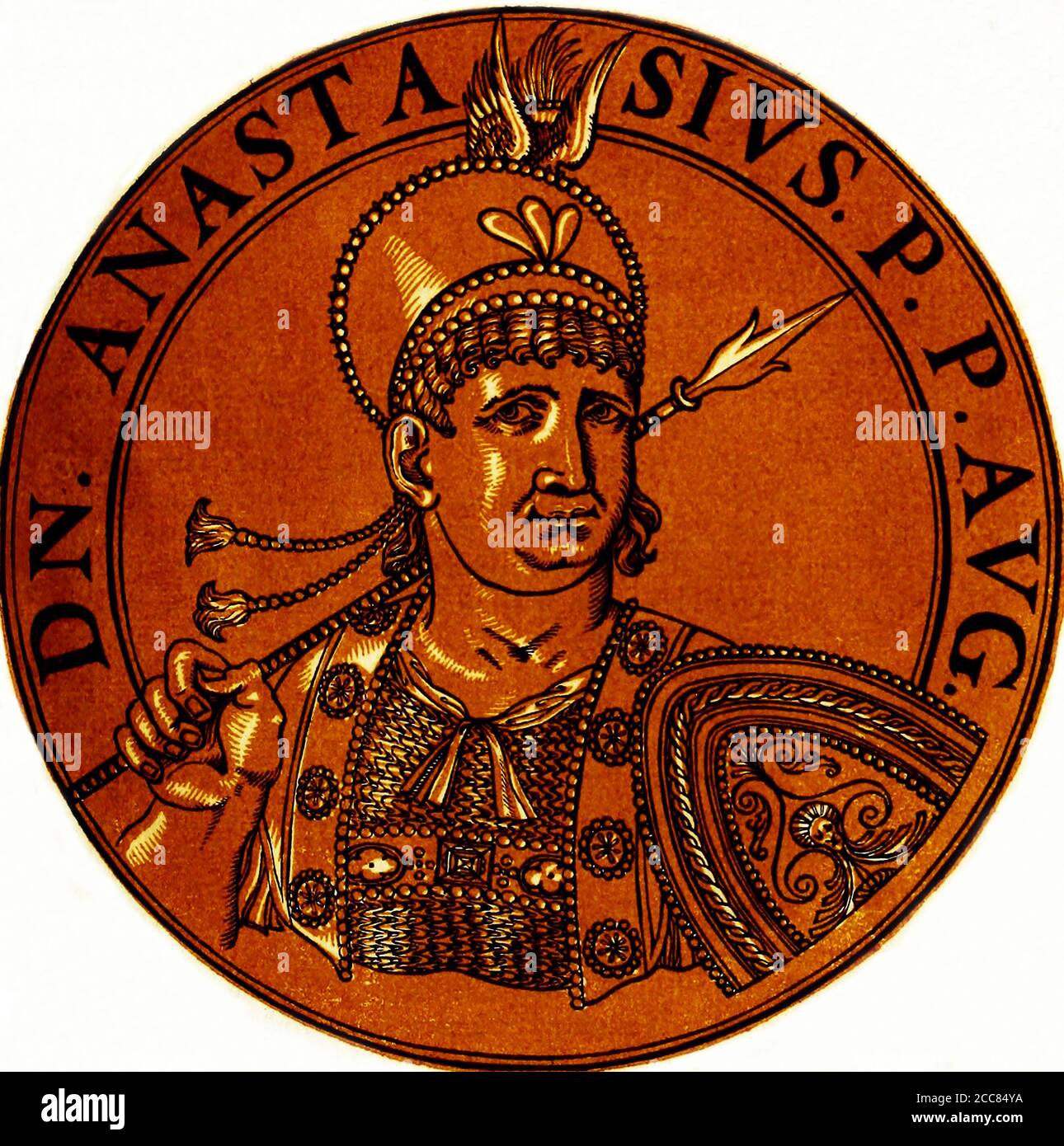 Turkey / Byzantium: Anastasius II (-719), Byzantine emperor, from the book Icones imperatorvm romanorvm (Icons of Roman Emperors), Antwerp, c. 1645. Anastasius II, also known as Anastasios II and originally named Artemius, was a bureaucrat and imperial secretary in the Byzantine court. He was proclaimed emperor by the Opsician army after they had overthrown Emperor Philippicus. Changing his name to Anastasius, he took the throne and turned on those who had aided his rise by executing those directly involved in the conspiracy against Philippicus. Stock Photo