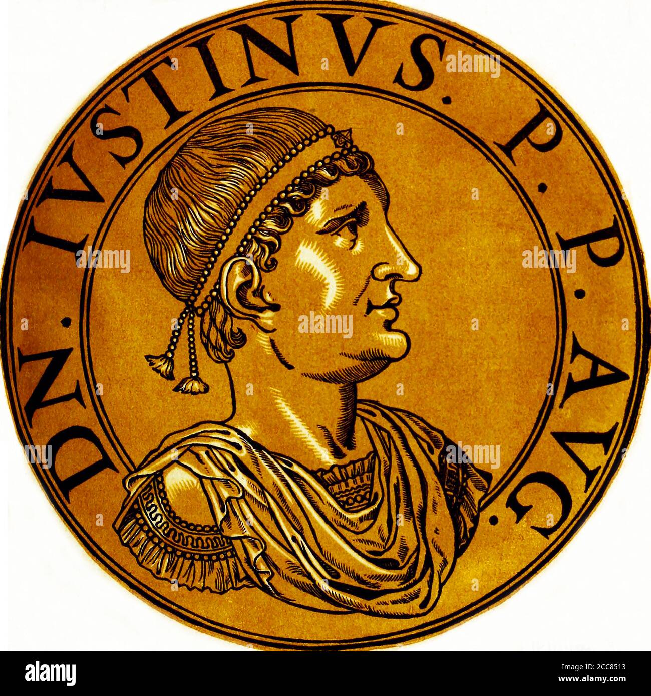 Turkey / Byzantium: Justin II (520-578), Byzantine emperor, from the book Icones imperatorvm romanorvm (Icons of Roman Emperors), Antwerp, c. 1645. Justin was the nephew of Emperor Justinian I and had supposedly been named his heir on the emperor's deathbed. Justin's early rule relied completely on the support of the aristocratic party, and faced with an empty treasury, he stopped paying off potential enemies as his uncle had done, leading to Avar invasions across the Danube river. Stock Photo