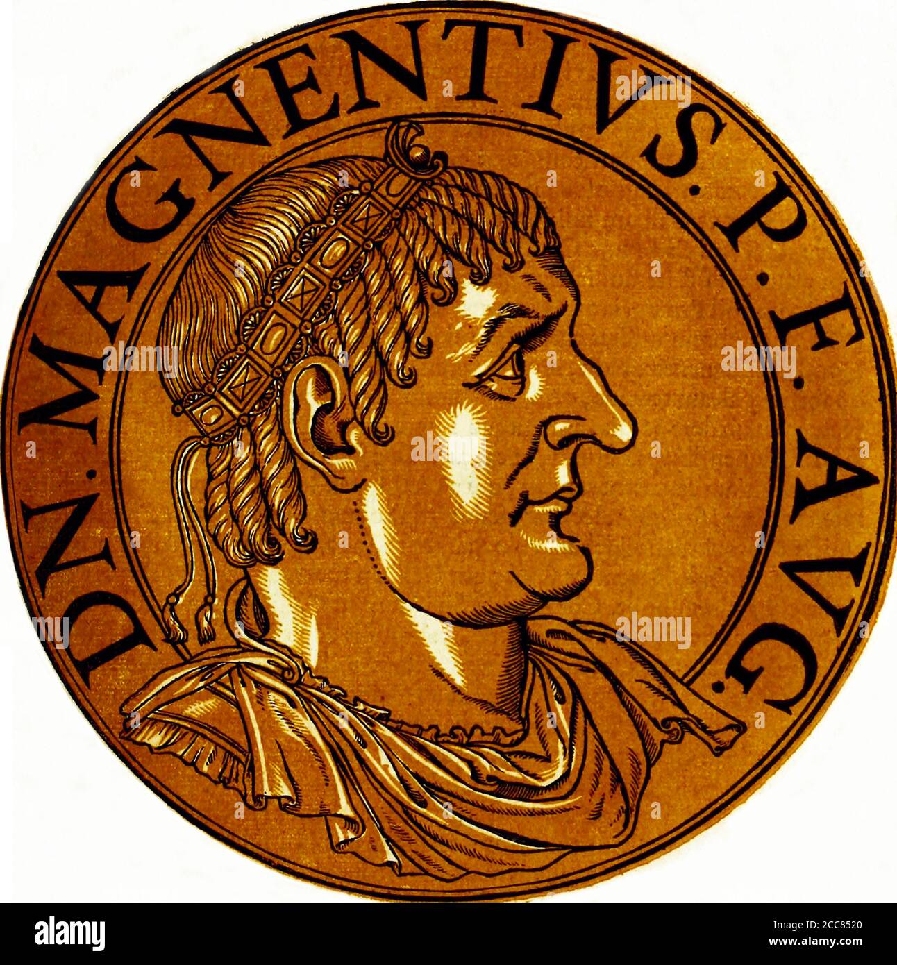 Italy: Magnentius (303-353), usurper emperor, from the book Icones imperatorvm romanorvm (Icons of Roman Emperors), Antwerp, c. 1645. Magnentius was born in Gaul and served as a commander in the Western Roman army. When the army grew dissatisfied with the rule of Emperor Constans, they proclaimed Magnentius as the new emperor in 350 and killed Constans. Stock Photo