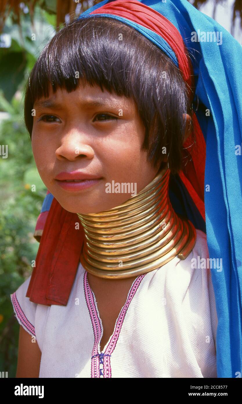 Thailand: Padaung (Long Neck Karen) girl, Chiang Mai Province, northern Thailand. The Padaung or Kayan Lahwi or Long Necked Karen are a subgroup of the Kayan, a mix of Lawi, Kayan and several other tribes. Kayan are a subgroup of the Red Karen (Karenni) people, a Tibeto-Burman ethnic minority of Burma (Myanmar). Stock Photo